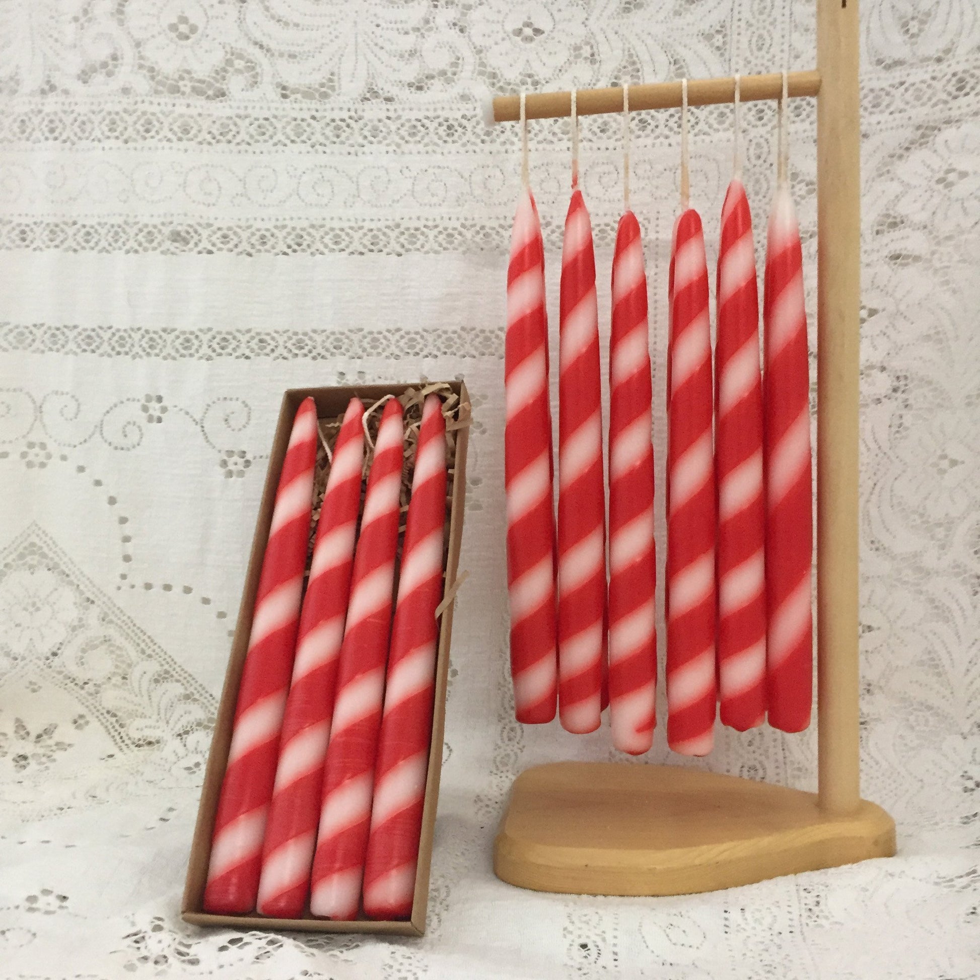 Candy Cane Taper candles, 7/8D x 10"H, Fragrance Free, 2 pair(4 singles) or 6 pair box - Fanny Bay Candle Company