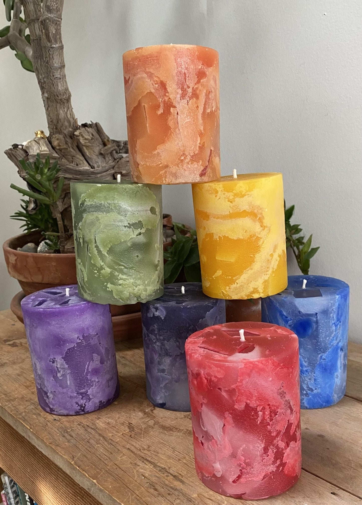 Chakra candles, 3"x 4" chunk pillars - Fanny Bay Candle Company