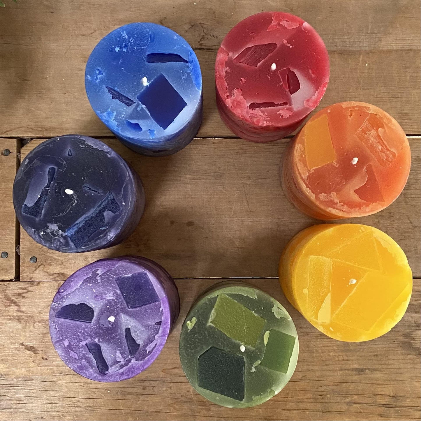 Chakra candles, 3"x 4" chunk pillars - Fanny Bay Candle Company