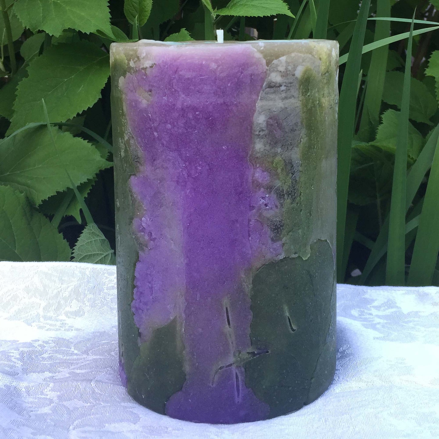 Purple n Green Climate Change pillar candle - Fanny Bay Candle Company