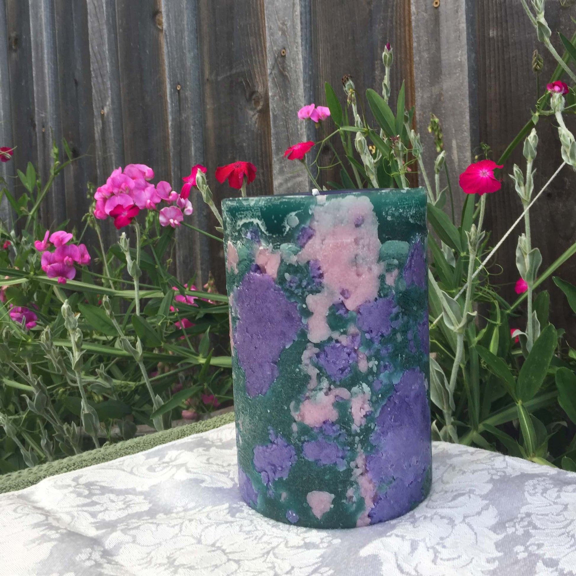 Purple, pink n jade Climate Change pillar candle - Fanny Bay Candle Company