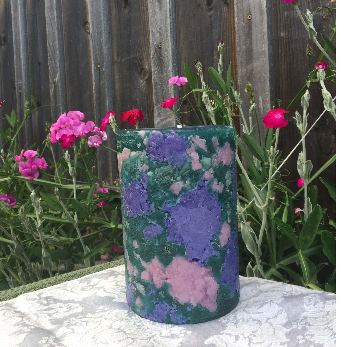 Purple, pink n jade Climate Change pillar candle - Fanny Bay Candle Company