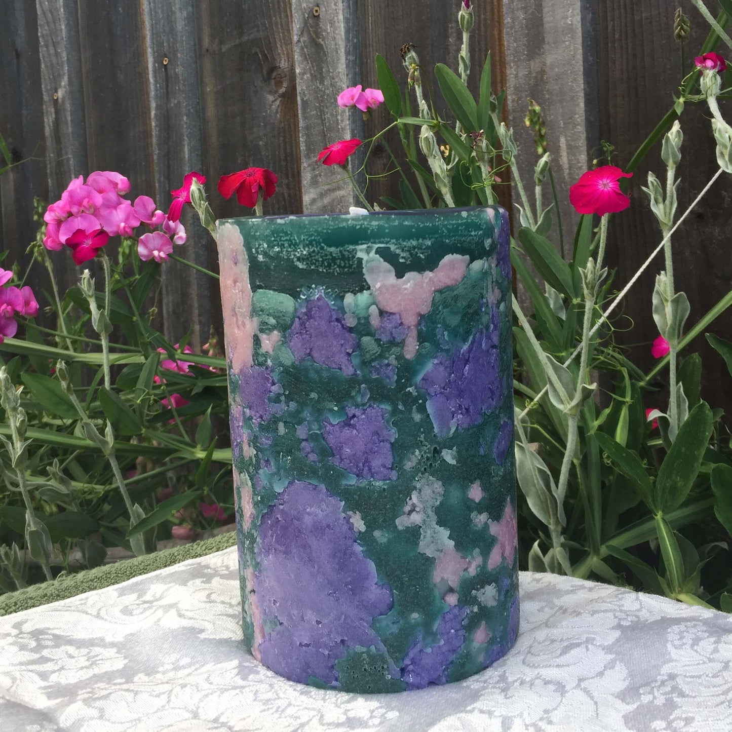 Purple, pink n jade Climate Change pillar candle - Fanny Bay Candle Company