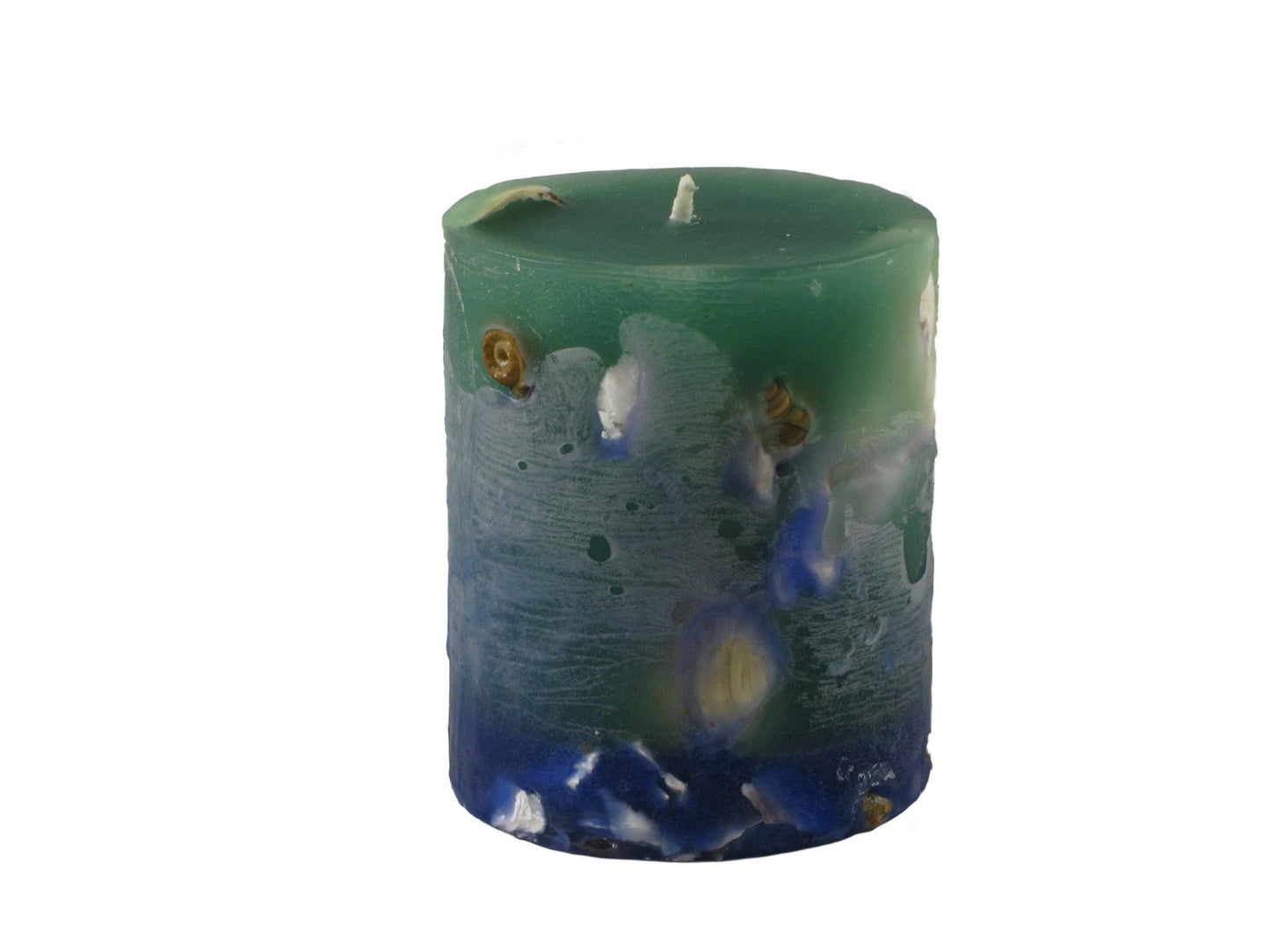 Seaside Pillar, Shells & Stones, 3"D x 4"H, greens & blues, fragrance free only - Fanny Bay Candle Company