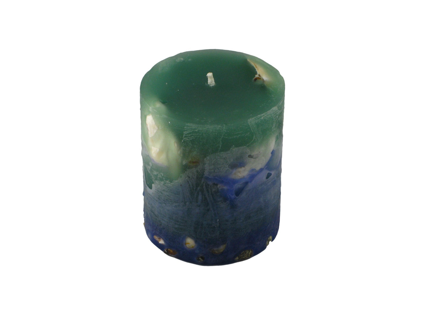 Seaside Pillar, Shells & Stones, 3"D x 4"H, greens & blues, fragrance free only - Fanny Bay Candle Company