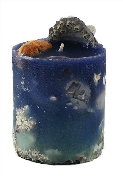 Seaside Pillar, Shells & Stones, 3"D x 4"H, greens & blues, fragrance free only - Fanny Bay Candle Company