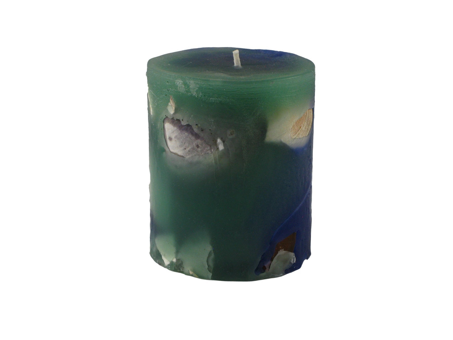 Seaside Pillar, Shells & Stones, 3"D x 4"H, greens & blues, fragrance free only - Fanny Bay Candle Company