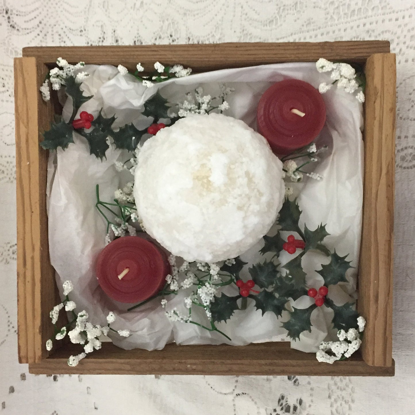 Snowball candle Gift Box, white frosted 3" ball candle and 2 votives in cedar box - Fanny Bay Candle Company