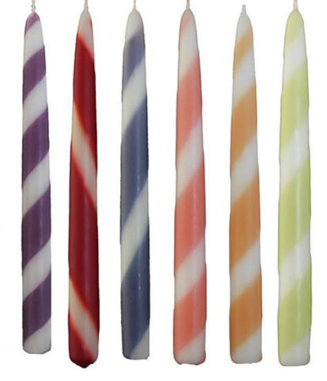 7/8"D x 10"H, Swizzles - Dual Colour Tapers, 2 package sizes, 16 colour patterns, fragrance free - Fanny Bay Candle Company