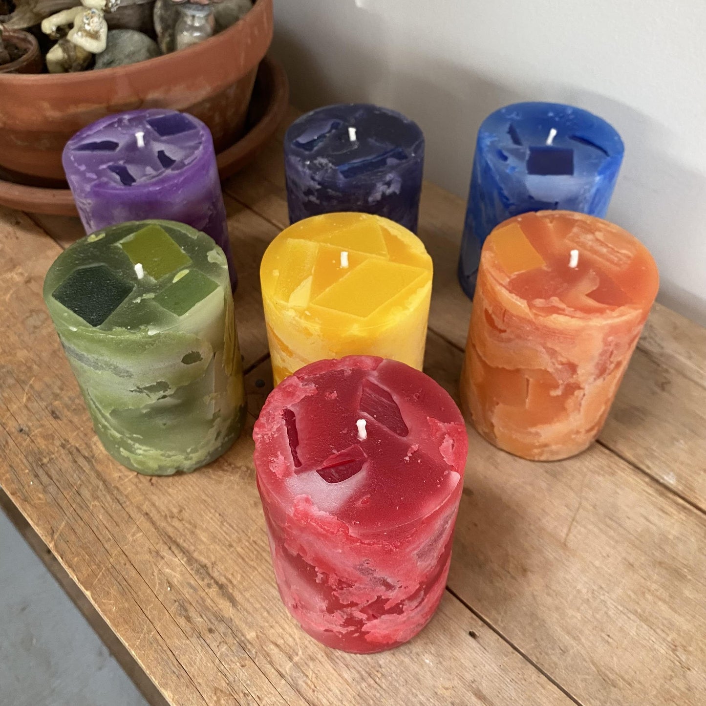 Chakra candles, 3"x 4" chunk pillars - Fanny Bay Candle Company