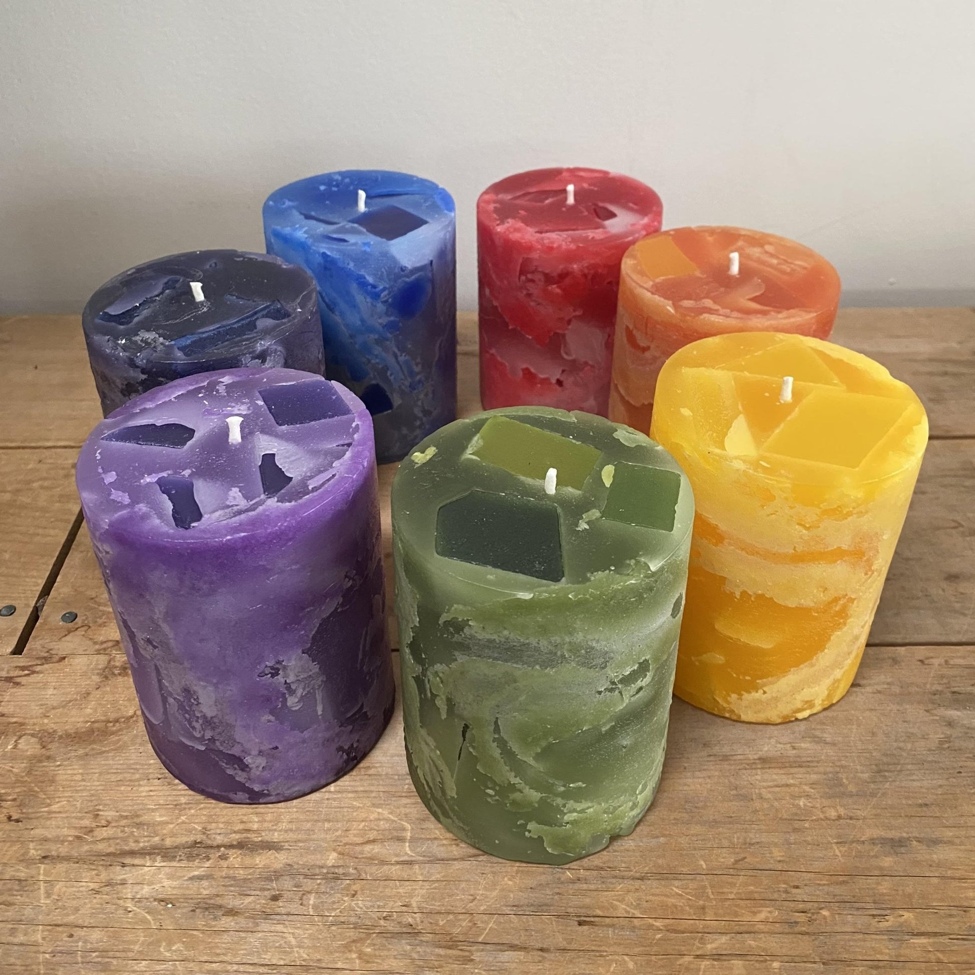 Chakra candles, 3"x 4" chunk pillars - Fanny Bay Candle Company