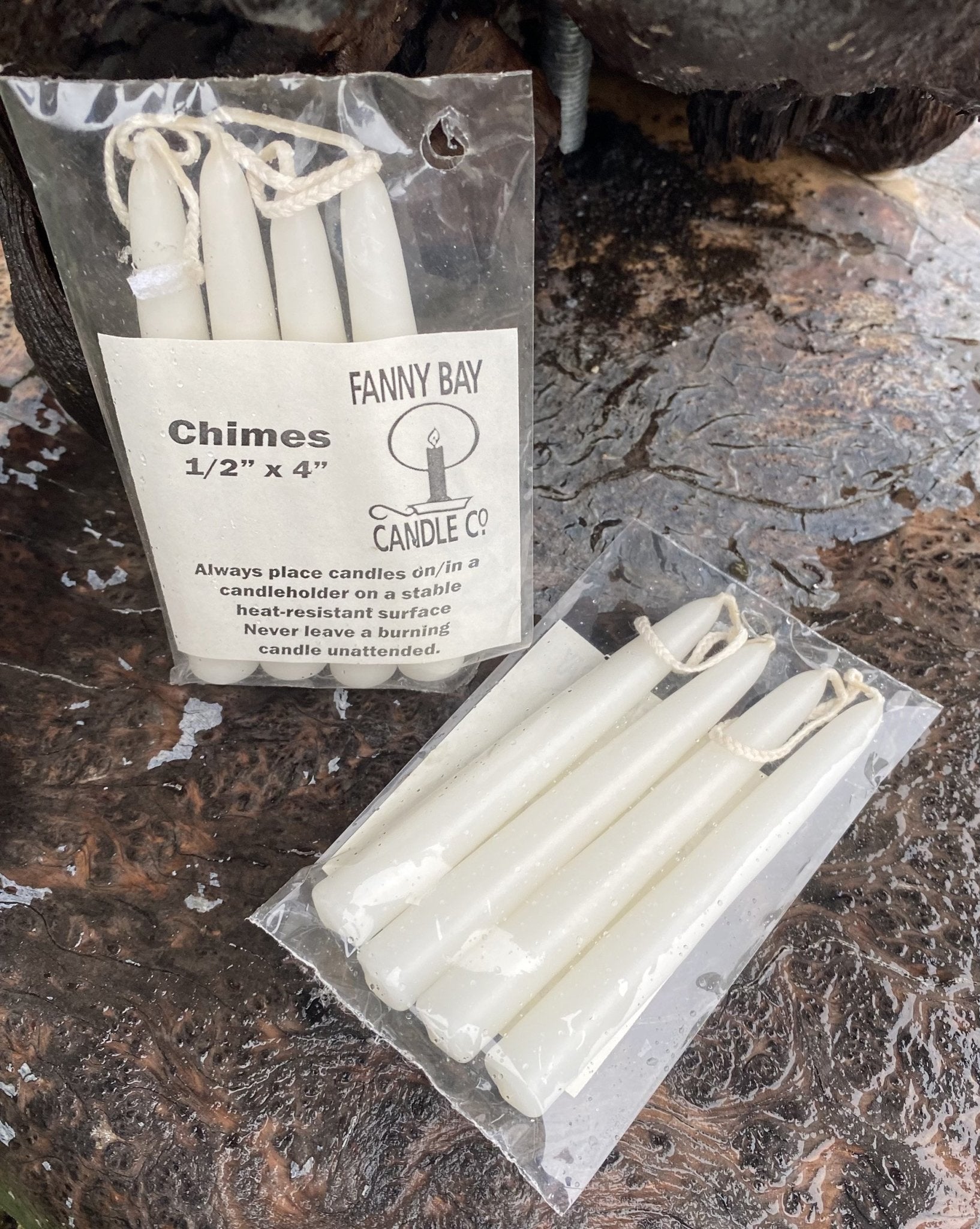 Chime Taper candles,1/2"D x 4“H, white, 2 pairs or 4 singles - Fanny Bay Candle Company