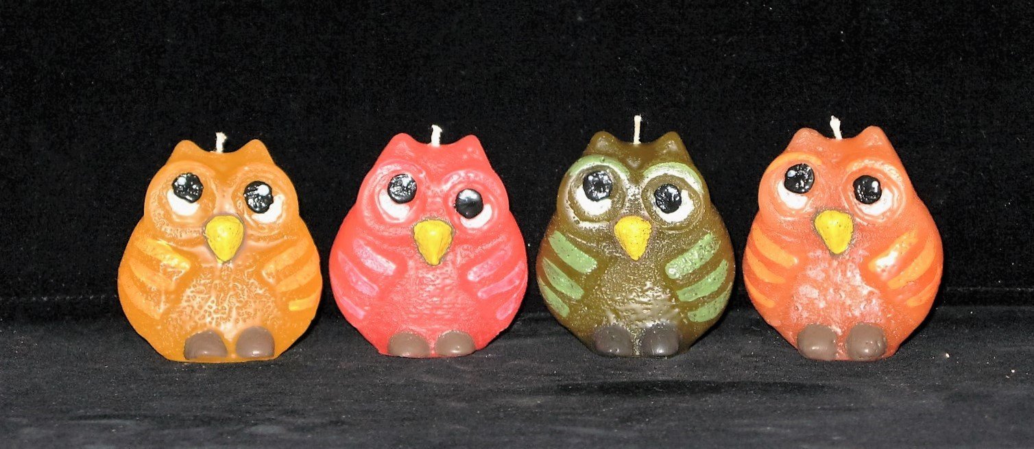 Lil Hooter Owl Candle, Hand Painted, 25 base colours, 3"D x 3"H, fragrance free only - Fanny Bay Candle Company