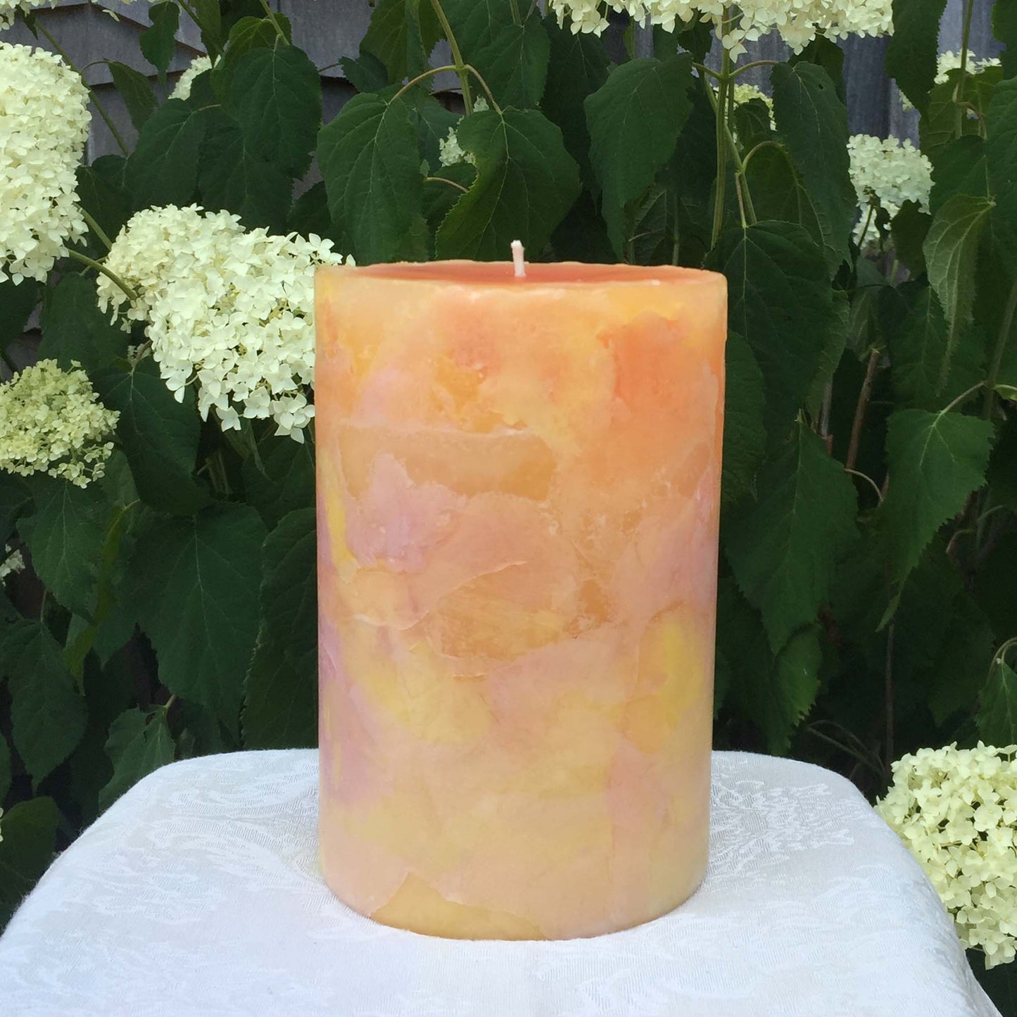 Orange, Yellow n Fuschia Climate Change pillar candle - Fanny Bay Candle Company