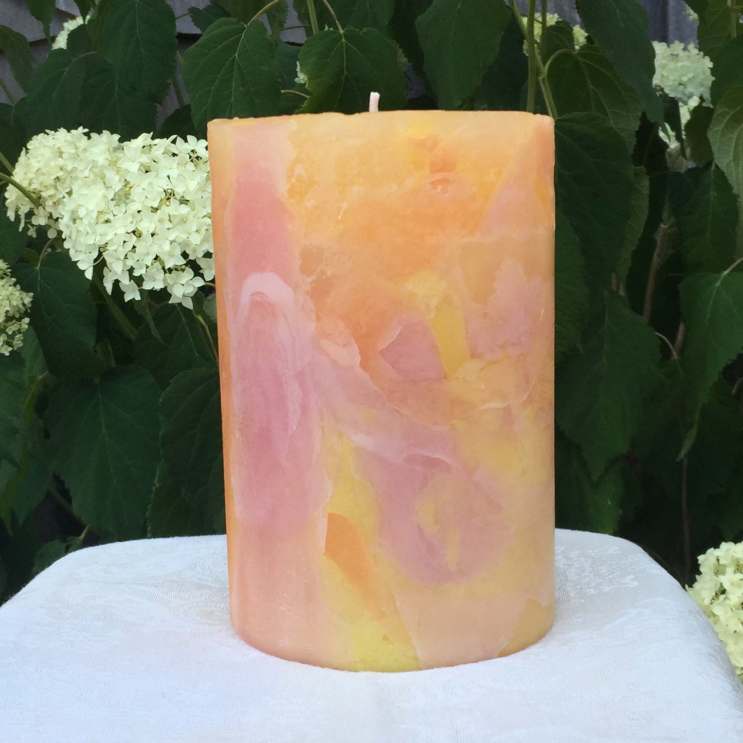 Orange, Yellow n Fuschia Climate Change pillar candle - Fanny Bay Candle Company