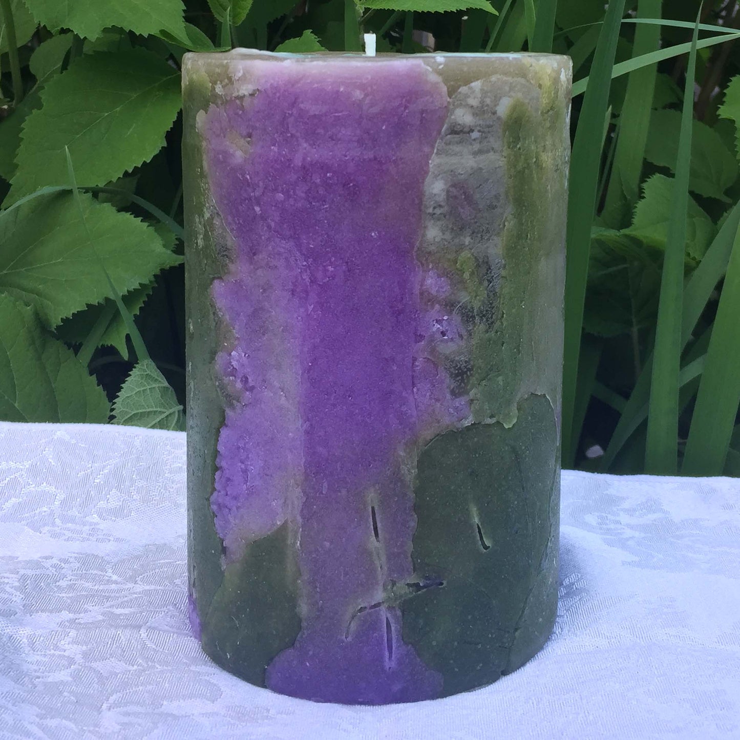 Purple n Green Climate Change pillar candle - Fanny Bay Candle Company