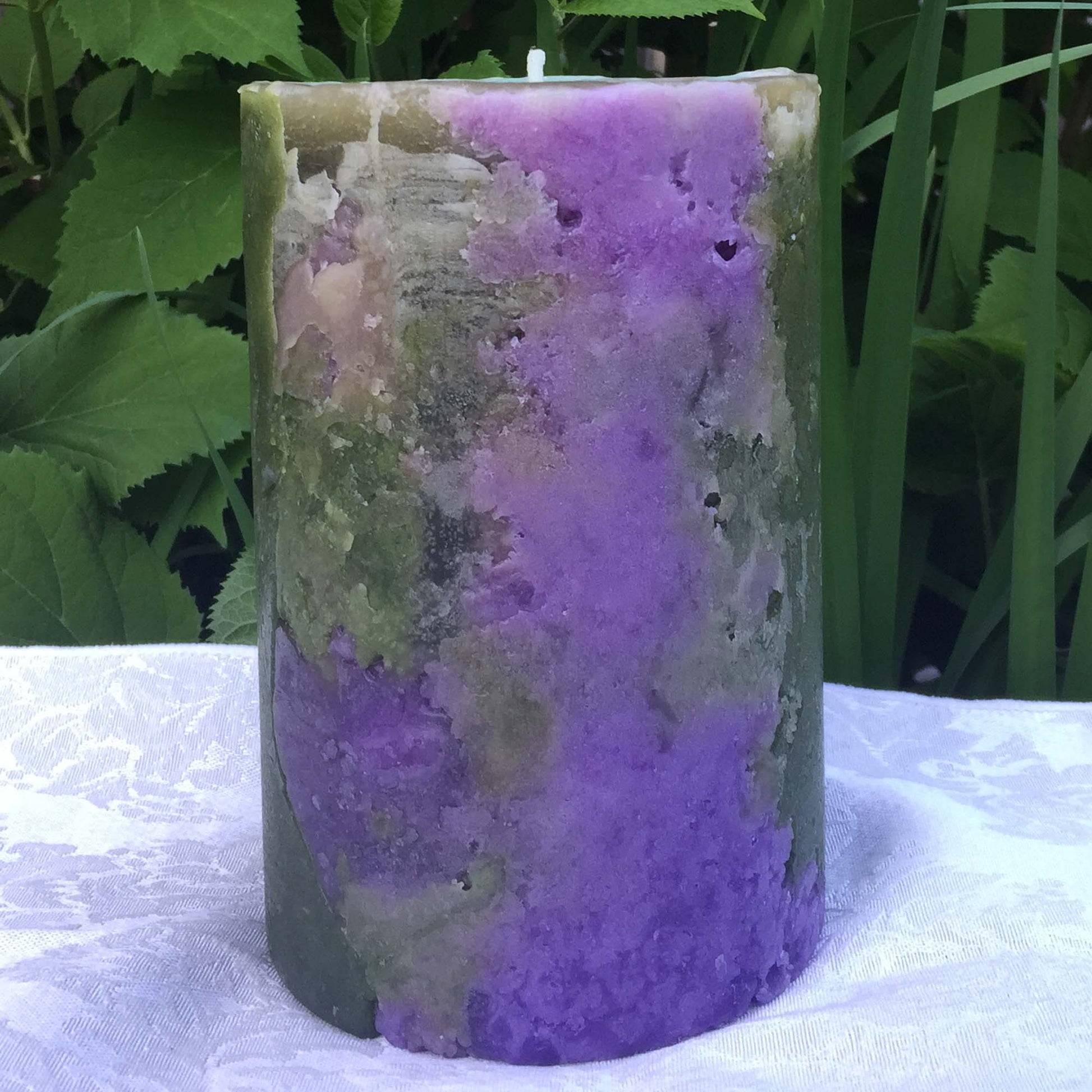 Purple n Green Climate Change pillar candle - Fanny Bay Candle Company