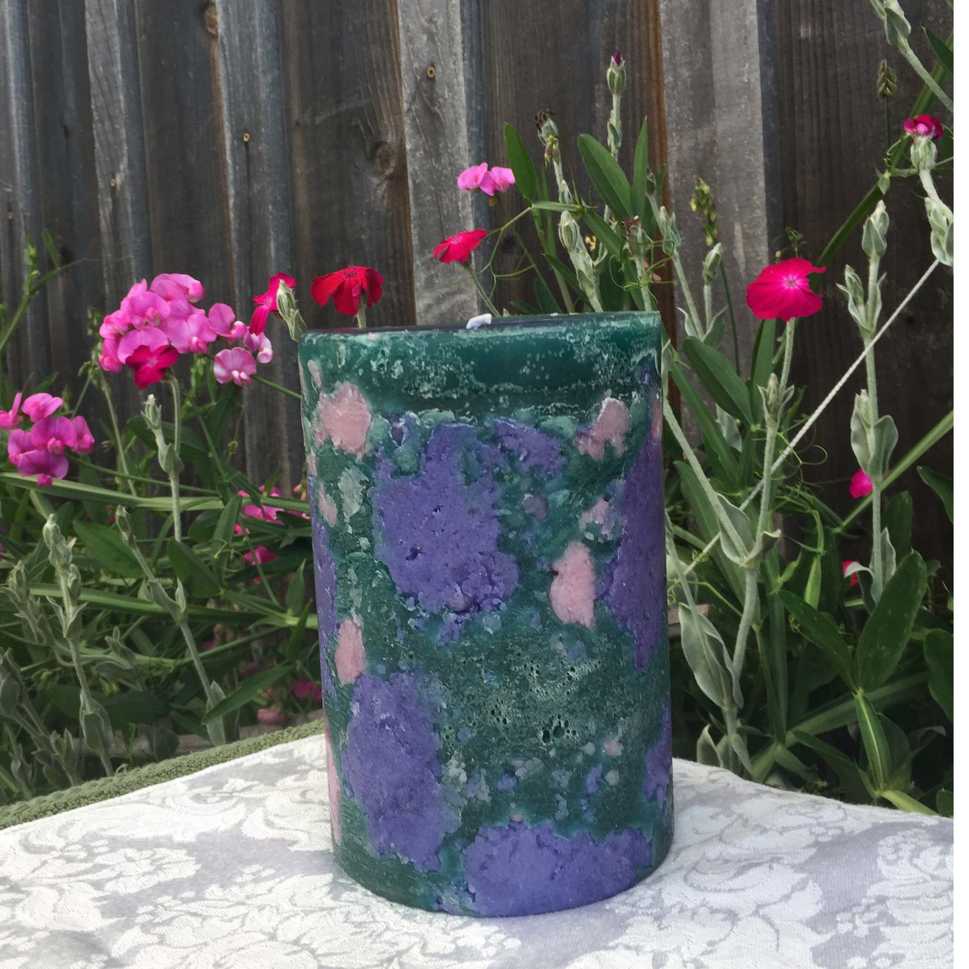 Purple, pink n jade Climate Change pillar candle - Fanny Bay Candle Company