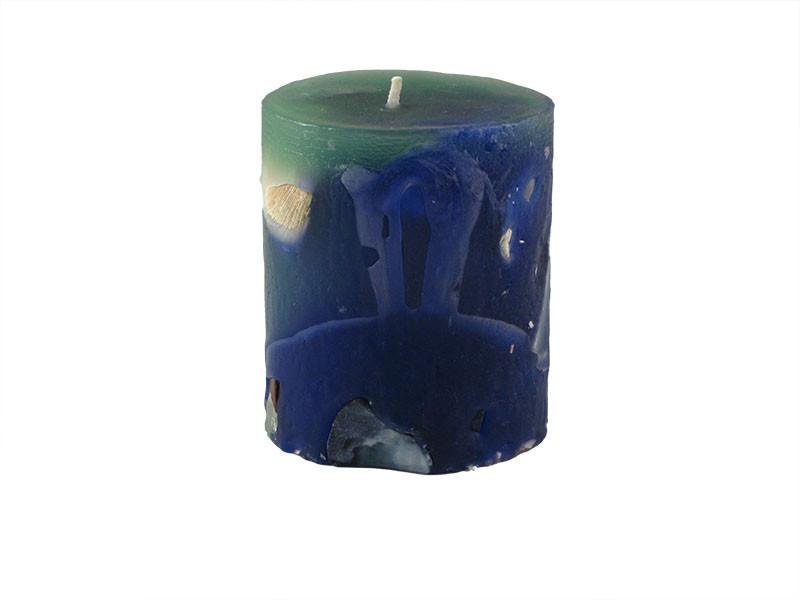 Seaside Pillar, Shells & Stones, 3"D x 4"H, greens & blues, fragrance free only - Fanny Bay Candle Company