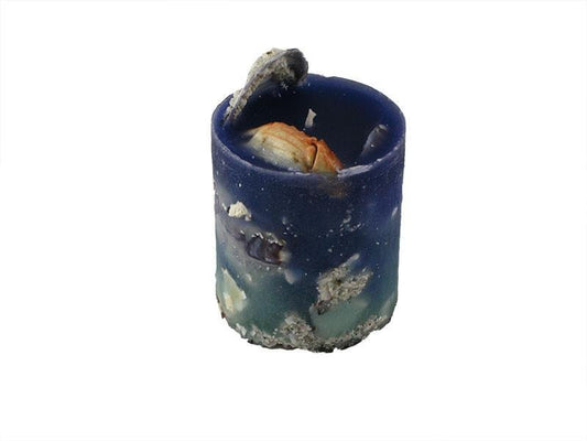 Seaside Pillar, Shells & Stones, 3"D x 4"H, greens & blues, fragrance free only - Fanny Bay Candle Company